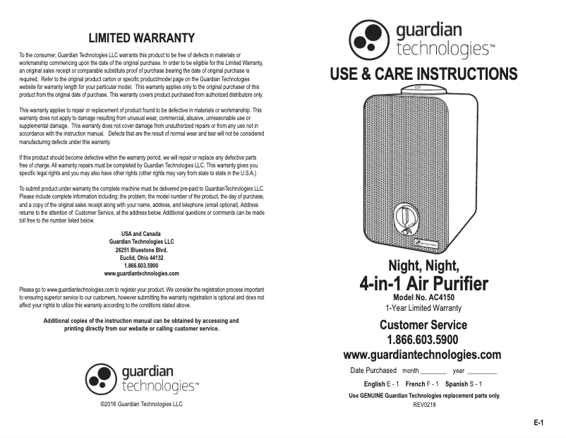 Page 1 de la notice Manuel utilisateur Guardian AC4150