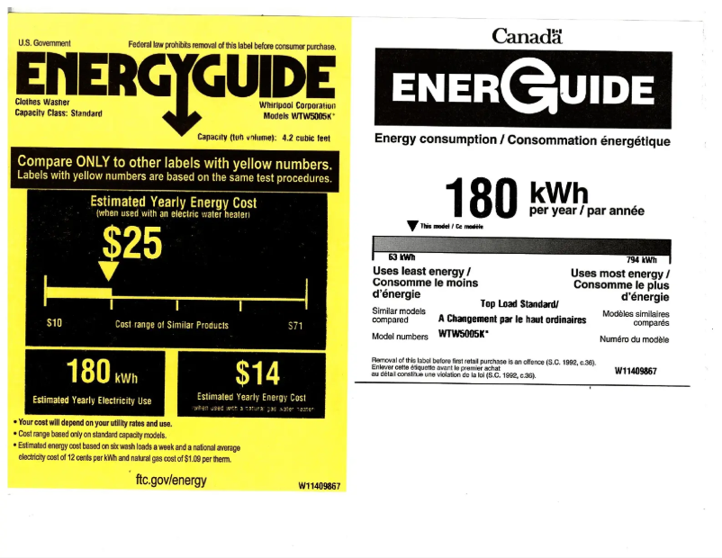 Page 1 de la notice Label énergétique Whirlpool WTW5005KW