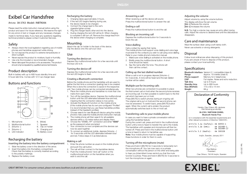 Page 1 de la notice Manuel utilisateur Exibel INBTK006
