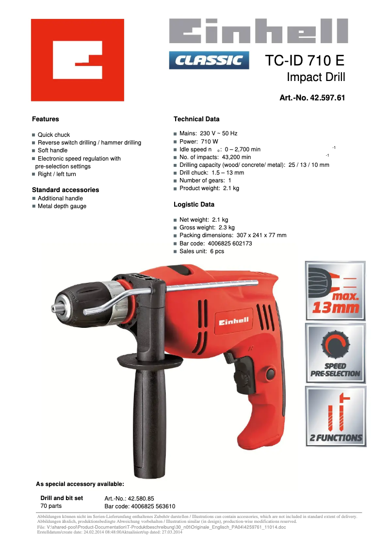Página 1 del manual Ficha técnica Einhell TC-ID 710 E