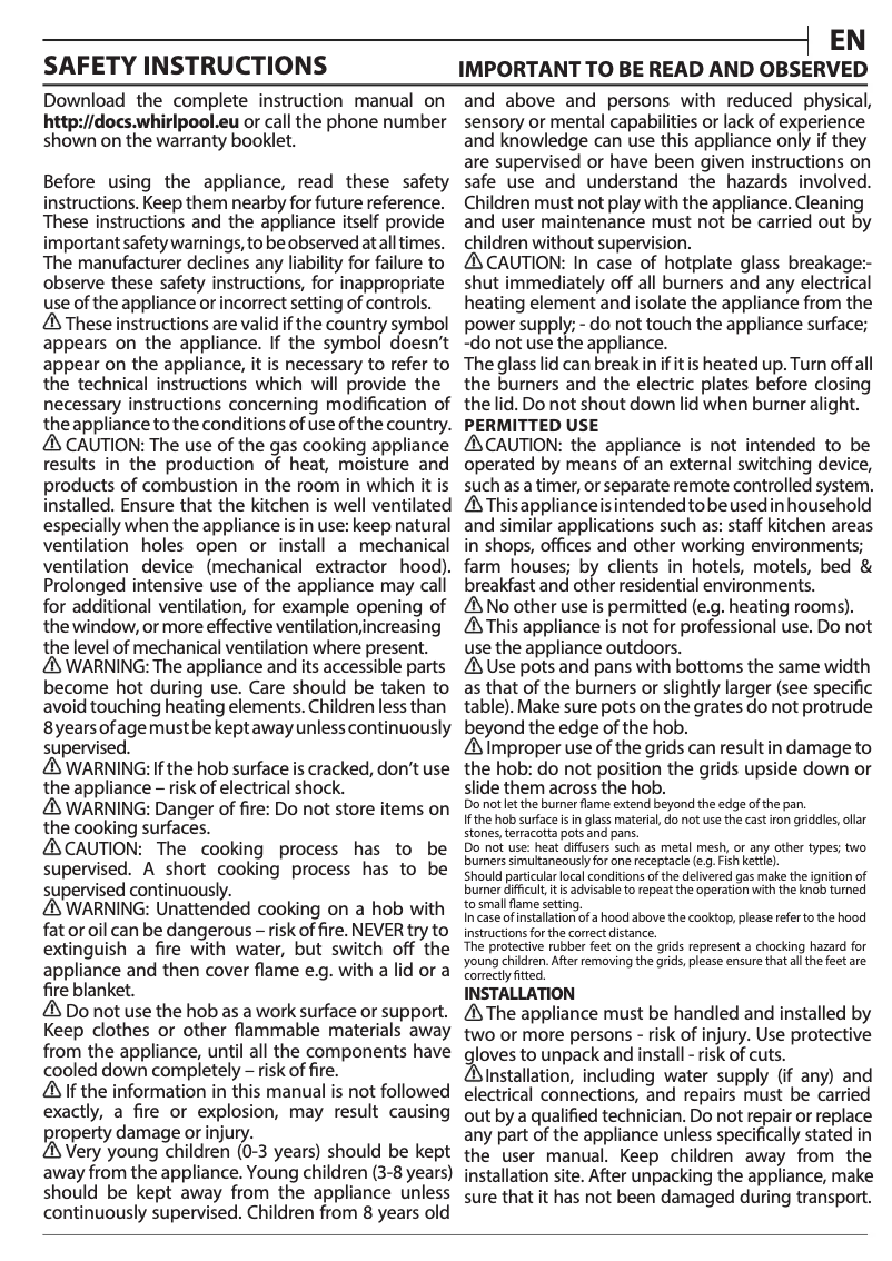 Page 1 de la notice Instructions / montage Whirlpool POW 75D2/NB