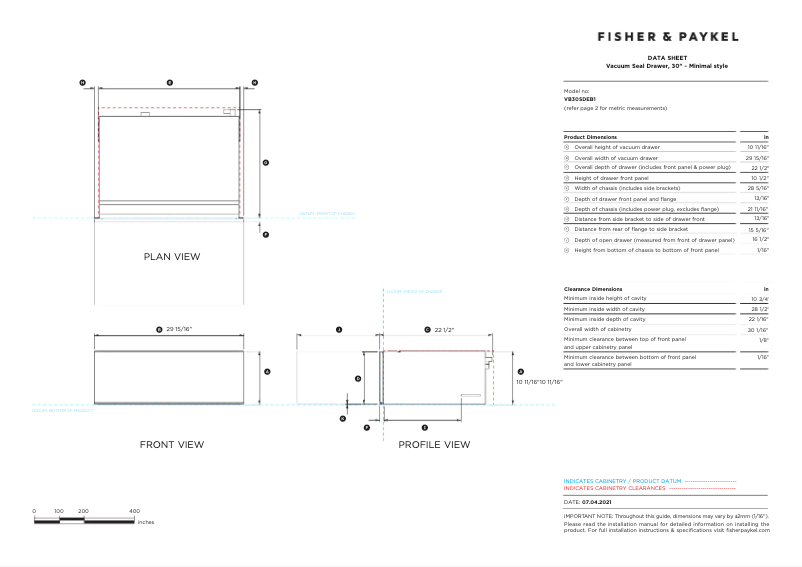 Page 1 de la notice Fiche technique Fisher & Paykel VB30SDEB1