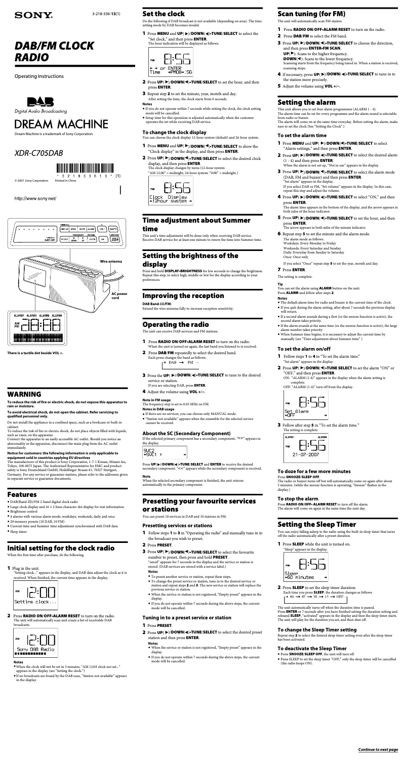 Page 1 of the manual User Manual Sony XDR-C705DAB