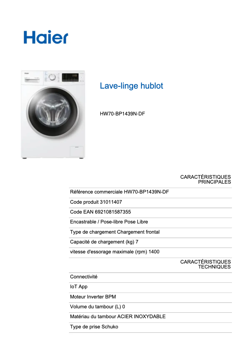 Página 1 del manual Ficha técnica Haier HW70-BP1439N