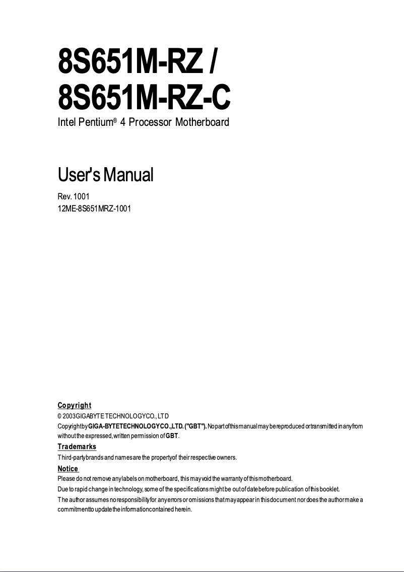 Page 1 de la notice Manuel utilisateur Gigabyte 8S651M-RZC