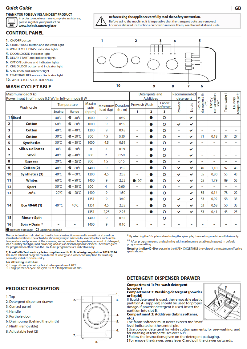 Page 1 de la notice Manuel utilisateur Indesit MTWC 91484 W UK