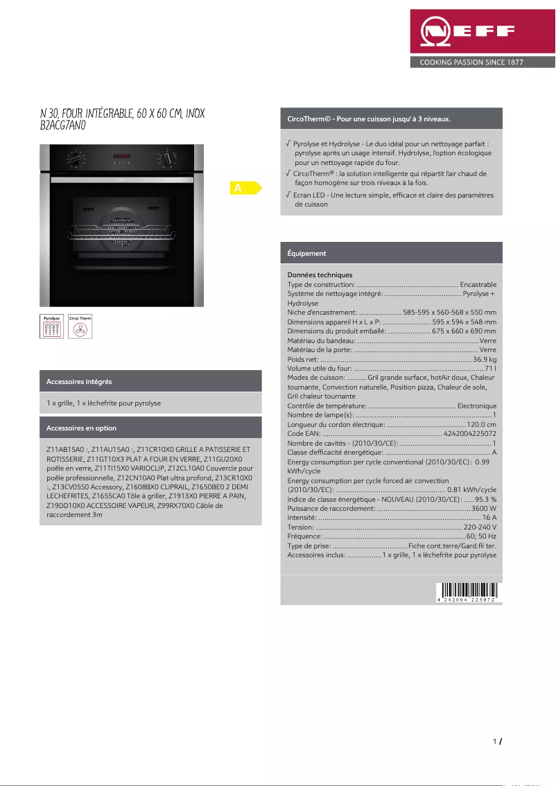 Page 1 de la notice Fiche technique Neff B2ACG7AN0