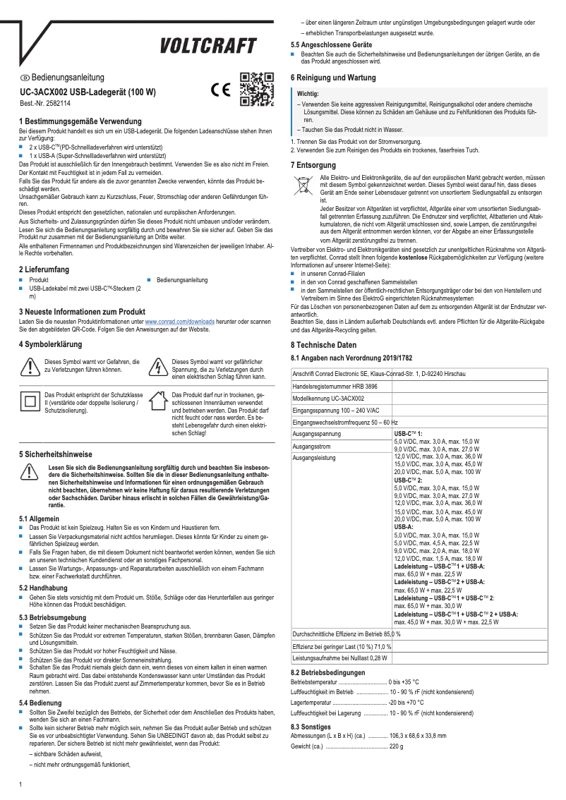 Page 1 de la notice Manuel utilisateur Voltcraft UC-3ACX002