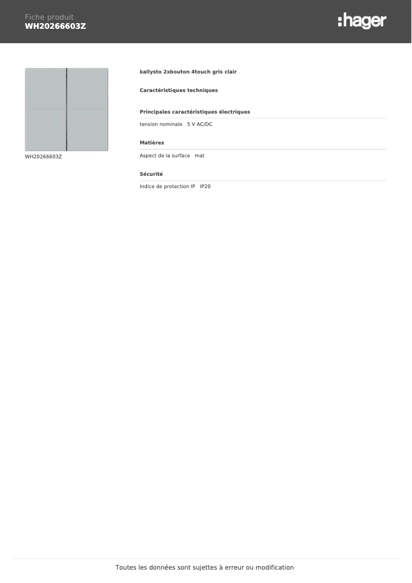 Página 1 del manual Ficha técnica Hager WH20266603Z