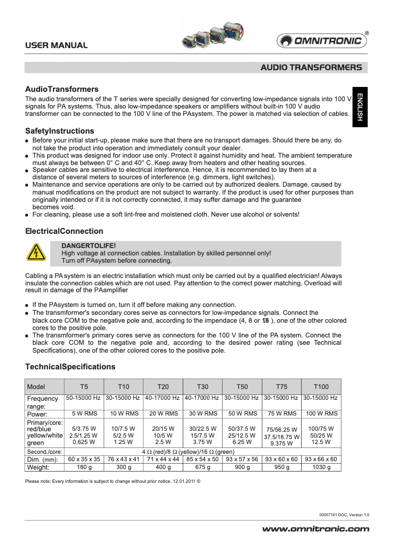 Page 1 de la notice Manuel utilisateur Omnitronic ELA-T30