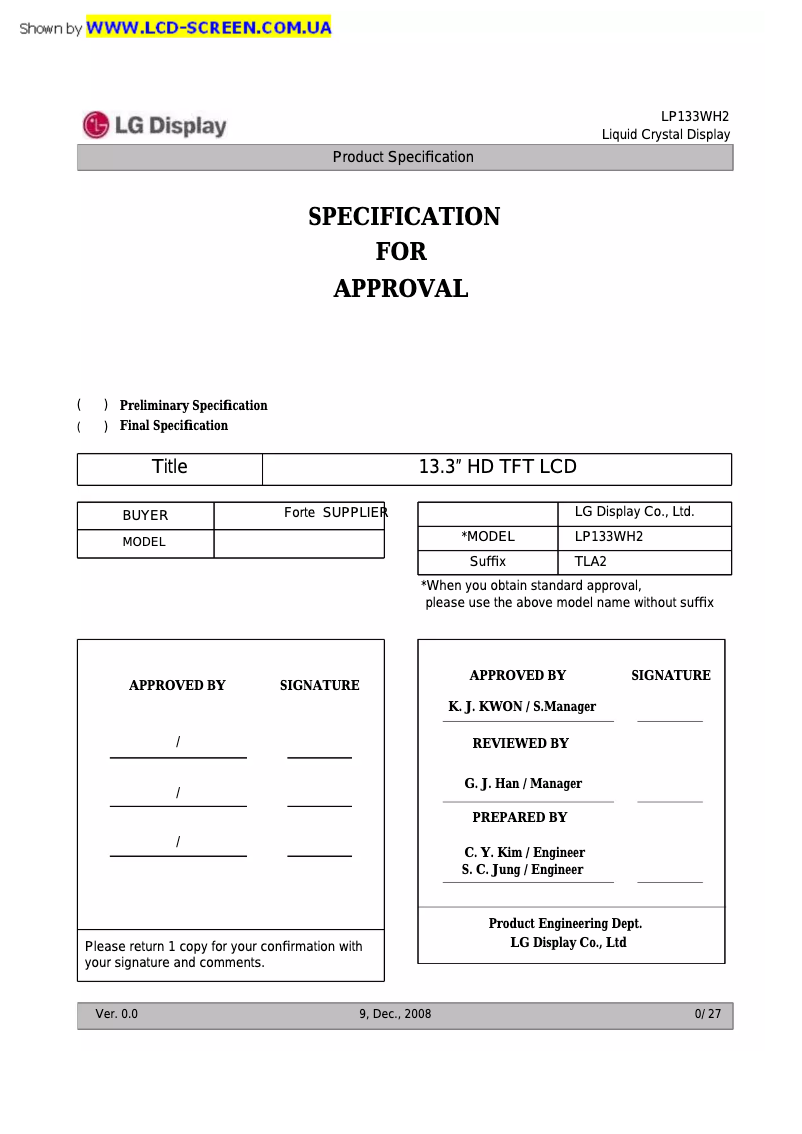 Page 1 de la notice Manuel utilisateur LG LP133WH2