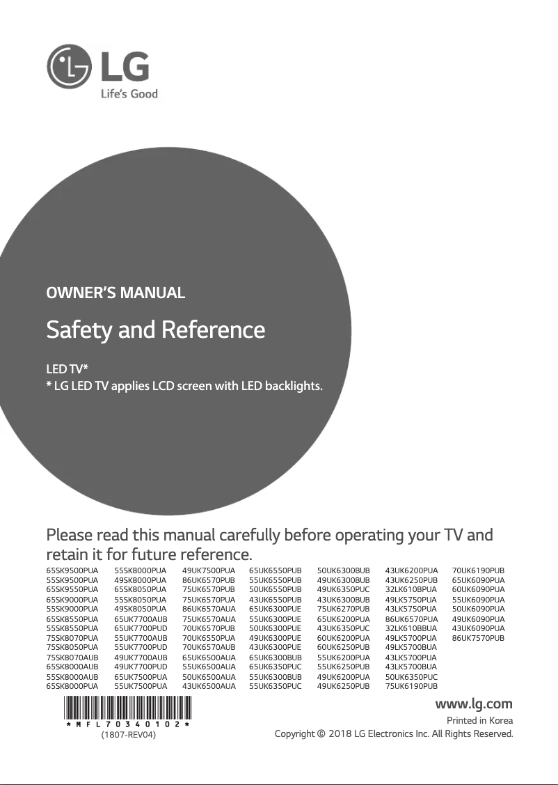 Page 1 de la notice Manuel utilisateur LG 55UK6200PUA