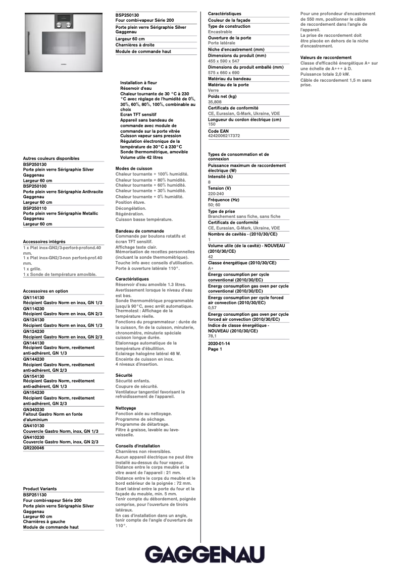 Página 1 del manual Ficha técnica Gaggenau BSP250130