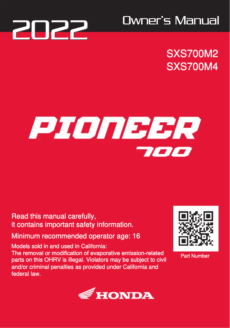 Page 1 de la notice Manuel utilisateur Honda Pioneer 700 (2022)