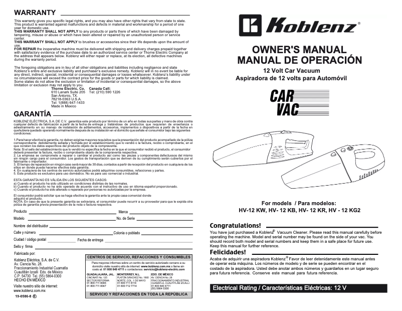 Página 1 del manual Manual de usuario Koblenz HV-12 KR