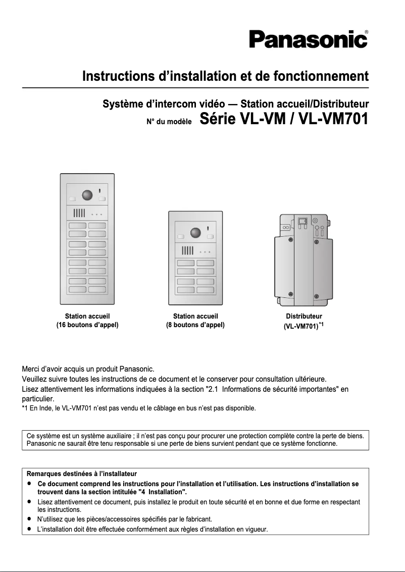 Page 1 de la notice Manuel utilisateur Panasonic VL-VM701