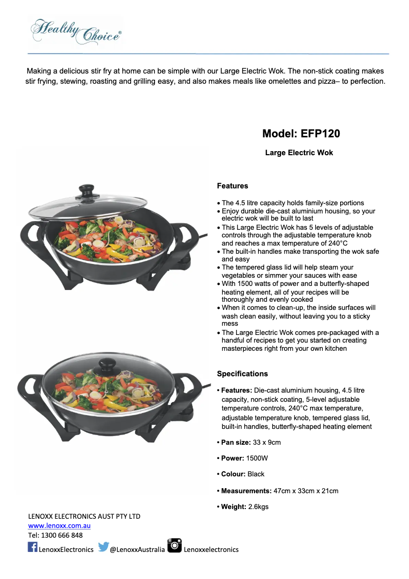 Page 1 de la notice Fiche technique Healthy Choice EFP120