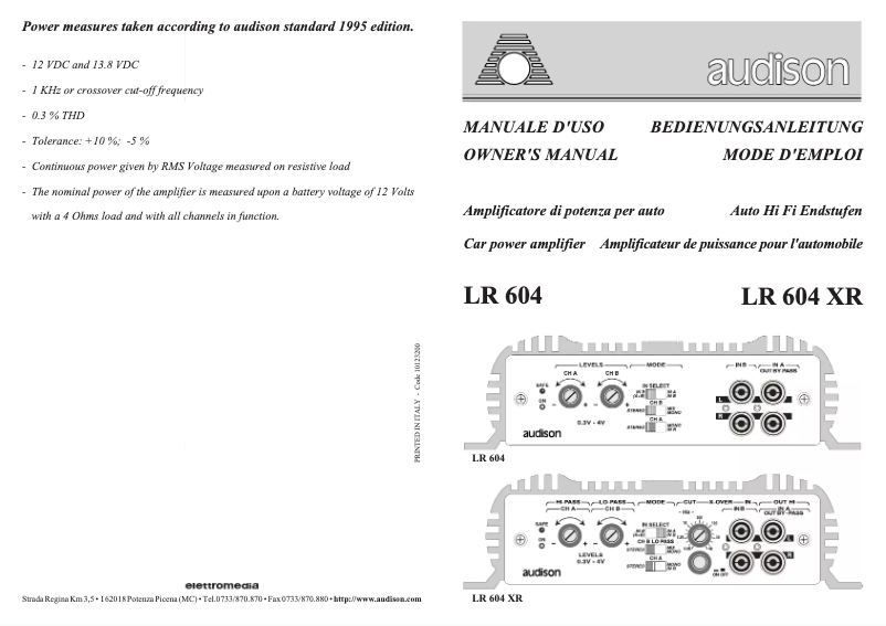 Page 1 de la notice Manuel utilisateur Audison LR 604 XR