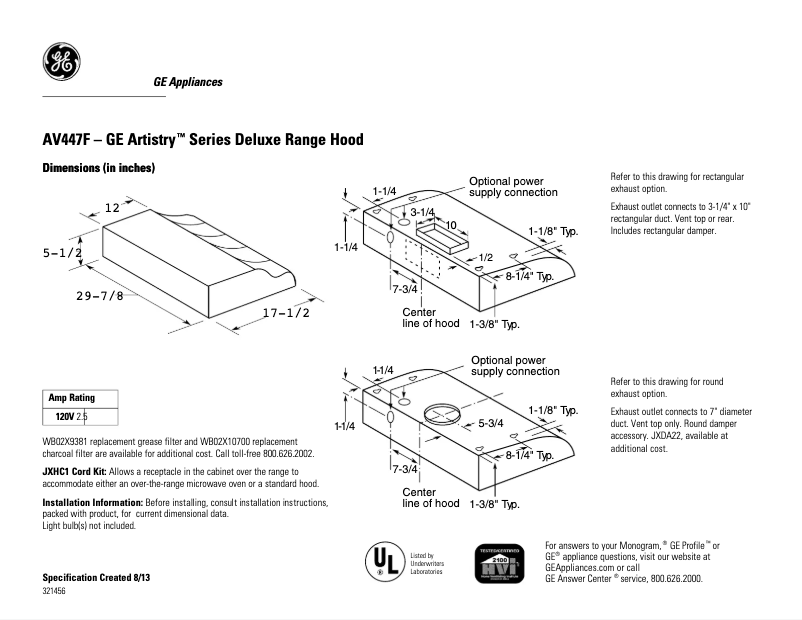 Page 1 de la notice Fiche technique GE Artistry AV447FBS