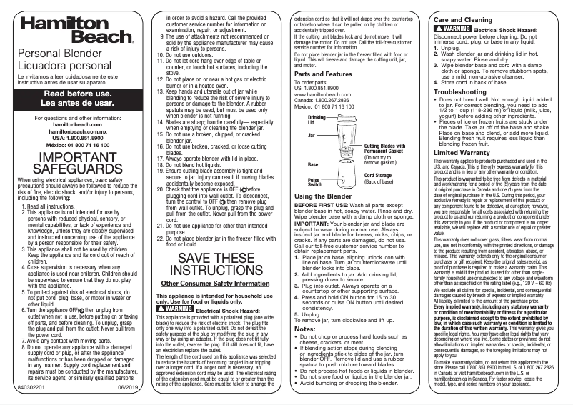 Page 1 de la notice Manuel utilisateur Hamilton Beach 51102V