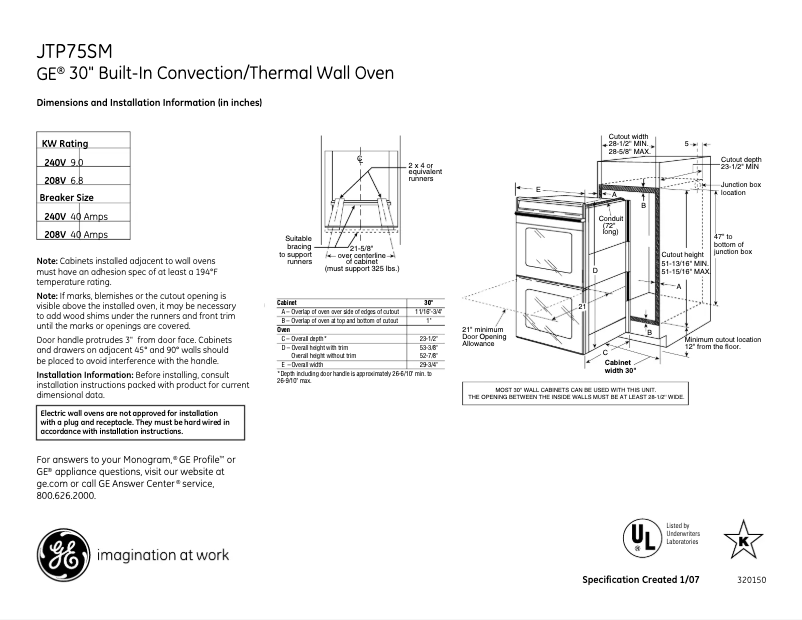 Página 1 del manual Ficha técnica GE JTP75SMSS