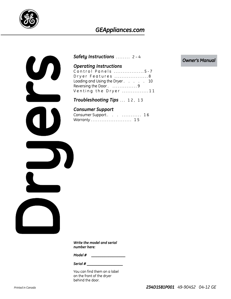 Página 1 del manual Manual de uso y mantenimiento GE SensorDry GLDS560EDWW