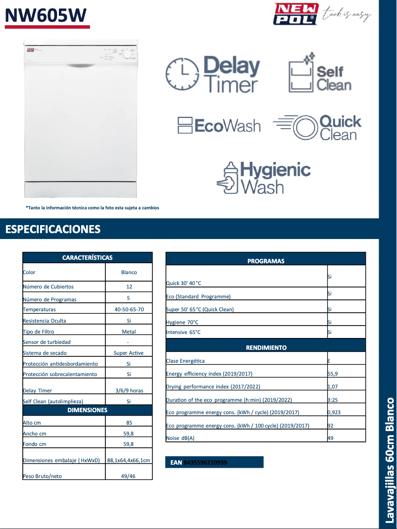 Page 1 de la notice Fiche technique New Pol NW605W