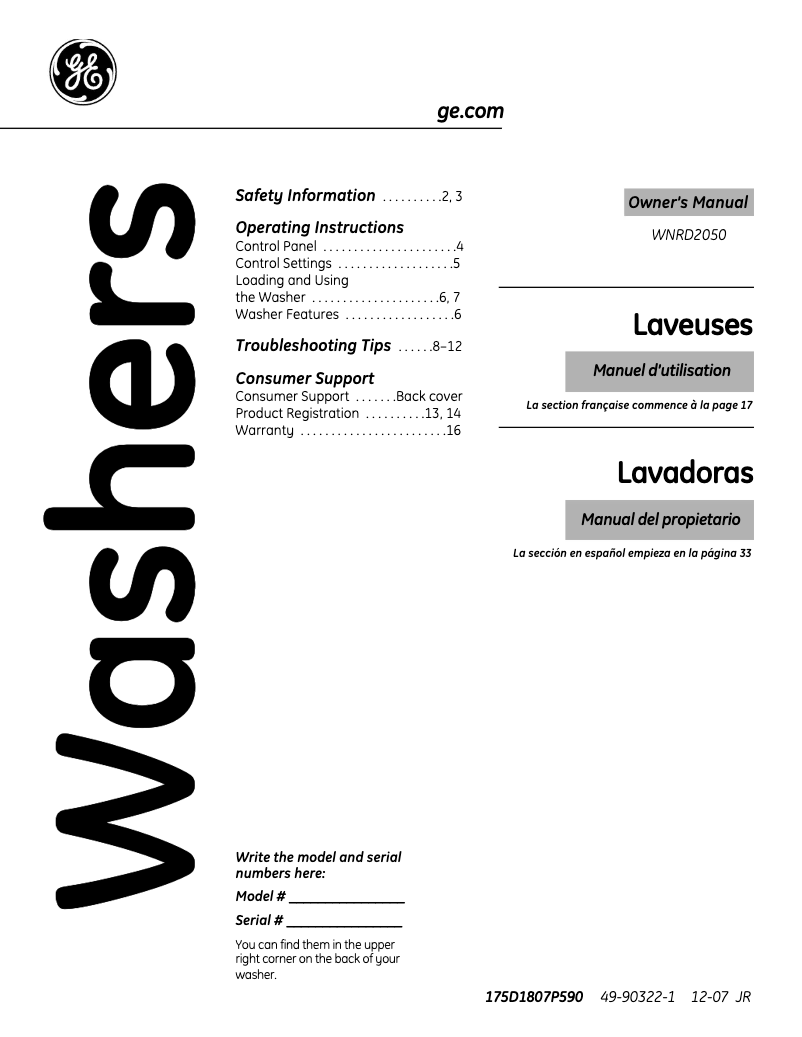 Page n°1 - Manuel d'utilisation et d'entretien GE WNRD2050DWC