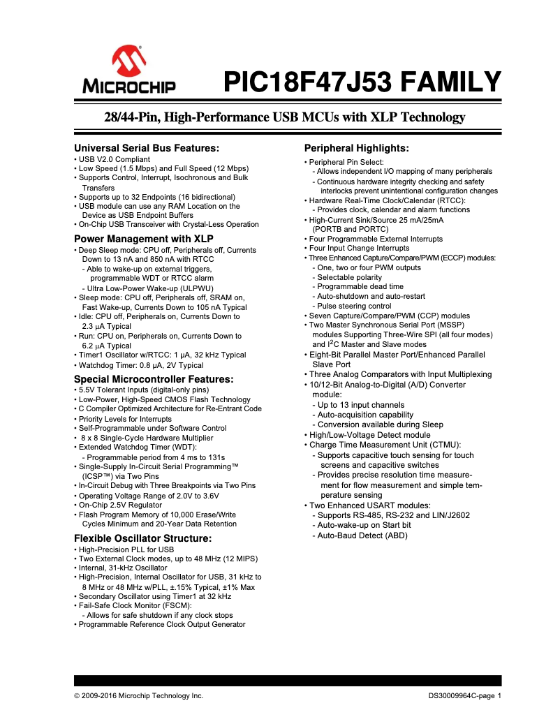 Page 1 de la notice Fiche technique Microchip PIC18F46J53