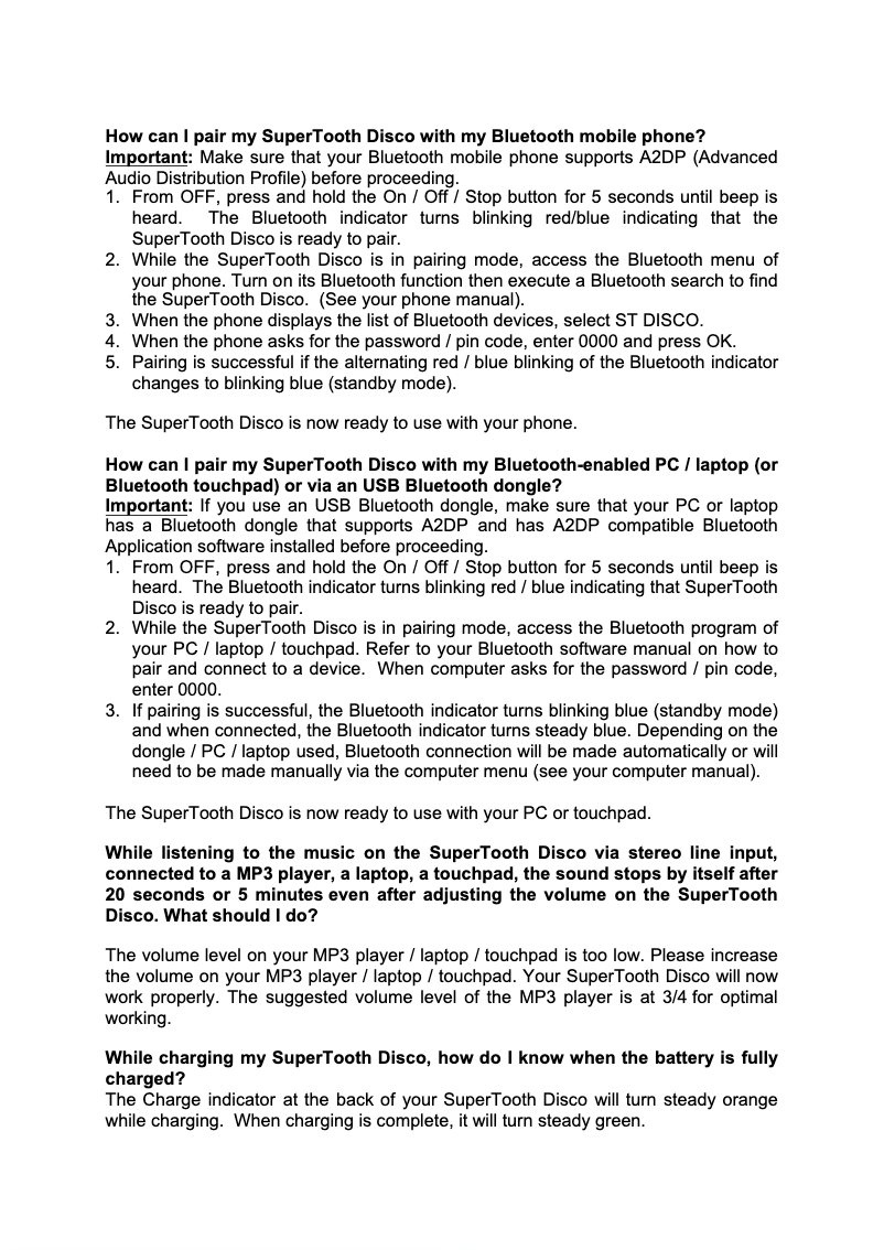 Page 1 de la notice FAQ SuperTooth Disco