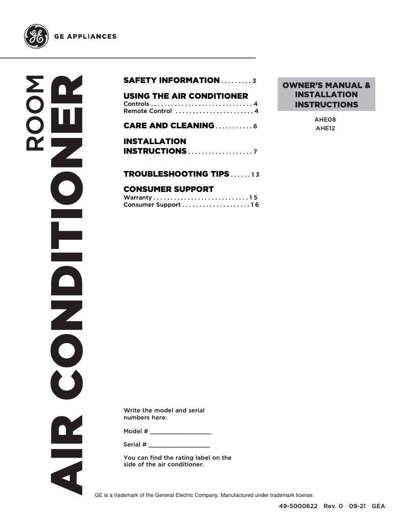 Página 1 del manual Guía de instalación GE AHE08AX