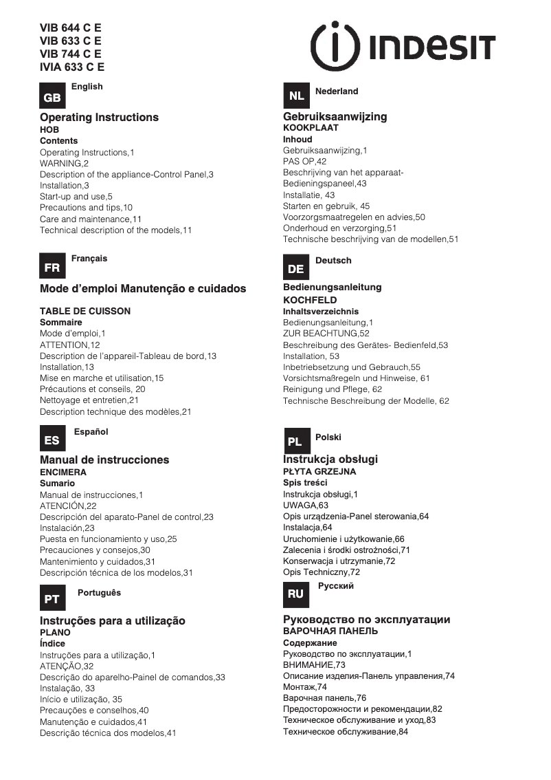 Page n°1 - Manuel utilisateur Indesit VIB 744 C E