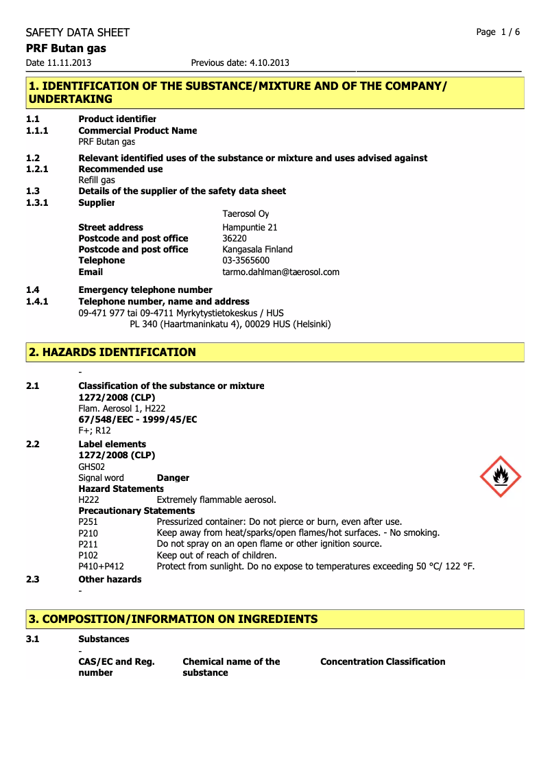 Page 1 de la notice Manuel utilisateur Taerosol PRF BUTANGAS/405