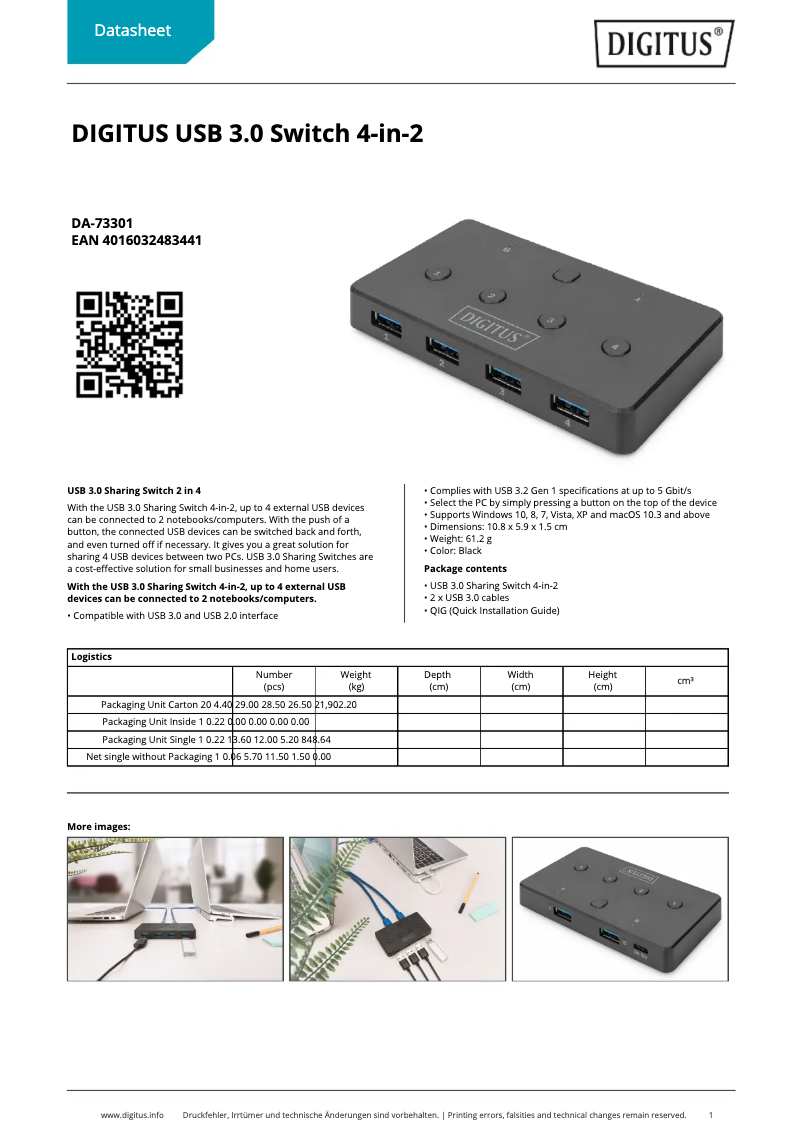 Page 1 de la notice Fiche technique Digitus DA-73301