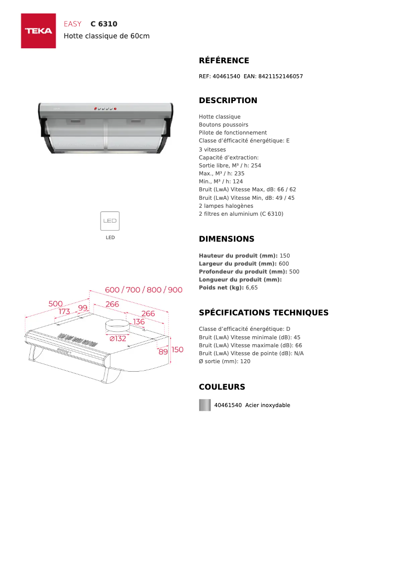 Page 1 de la notice Fiche technique Teka C 6310