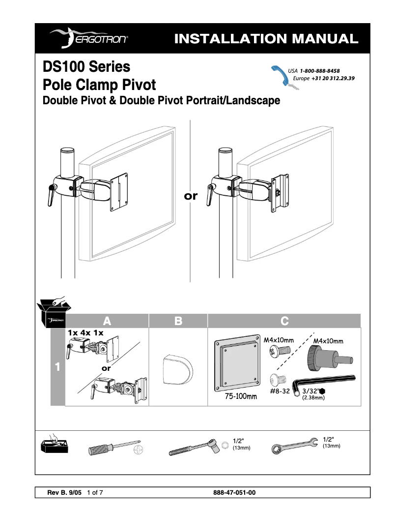 Page 1 de la notice Manuel utilisateur Ergotron DS100 Clamping Double Pivot