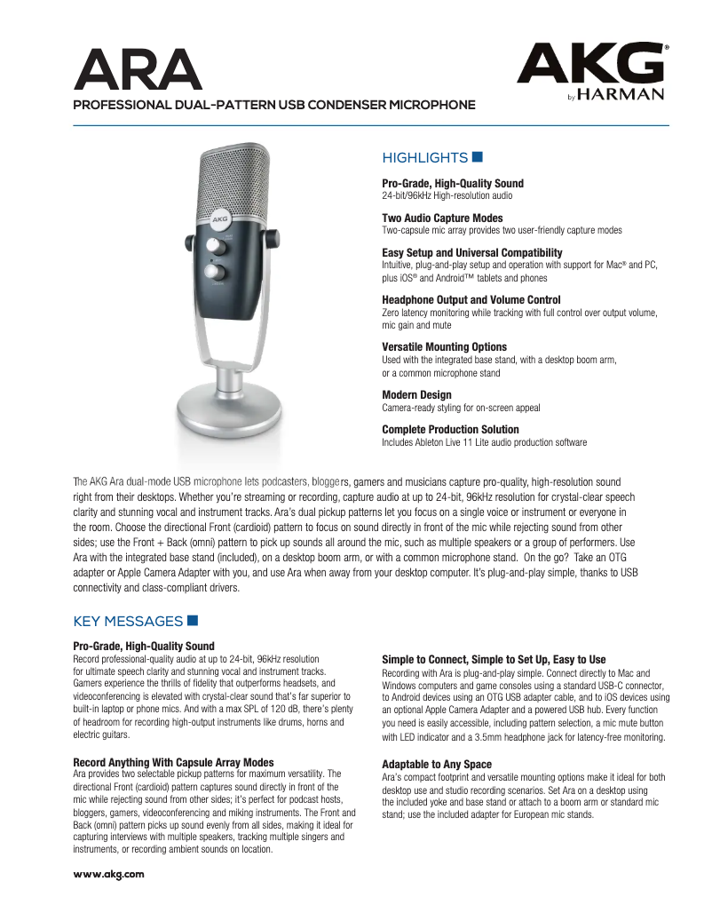 Page 1 de la notice Fiche technique AKG Ara