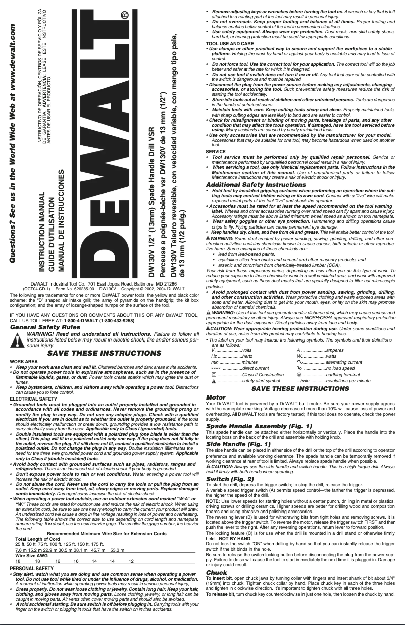 Page 1 of the manual User Manual DeWalt DW130VK