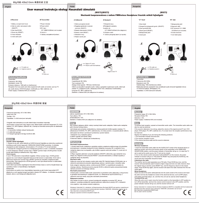Page 1 de la notice Manuel utilisateur Vakoss MH970