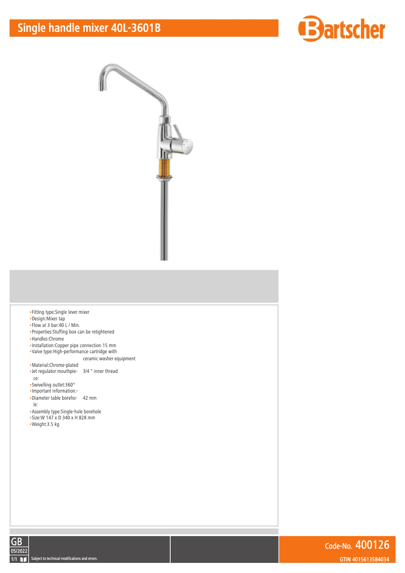 Página 1 del manual Ficha técnica Bartscher 40L-3601B
