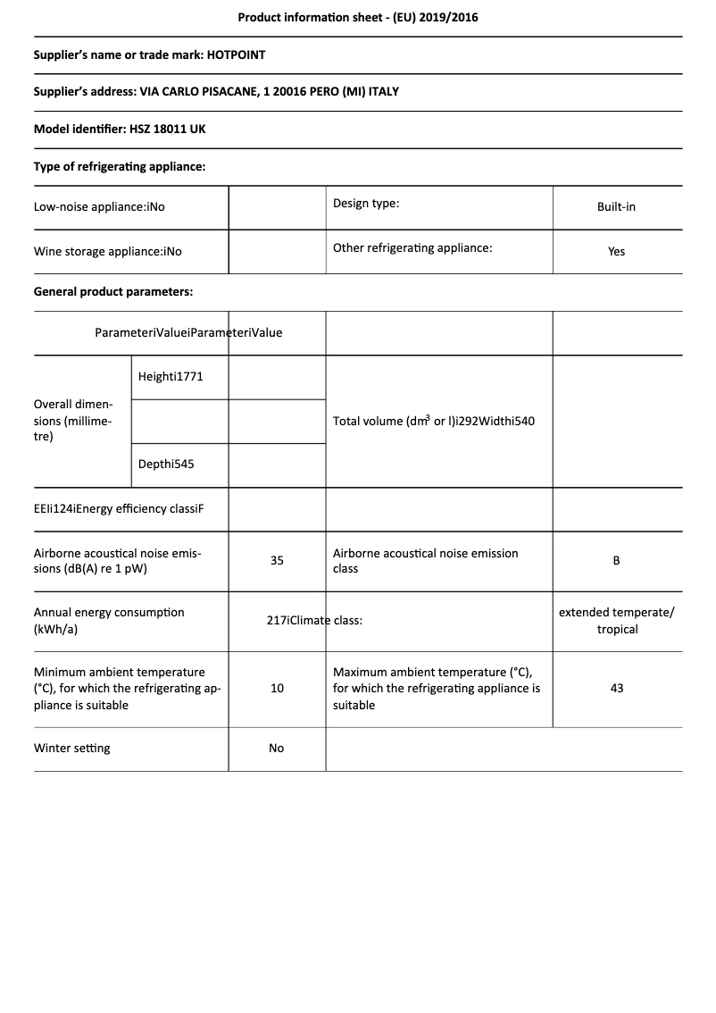 Página 1 del manual Ficha técnica Hotpoint HSZ18011UK