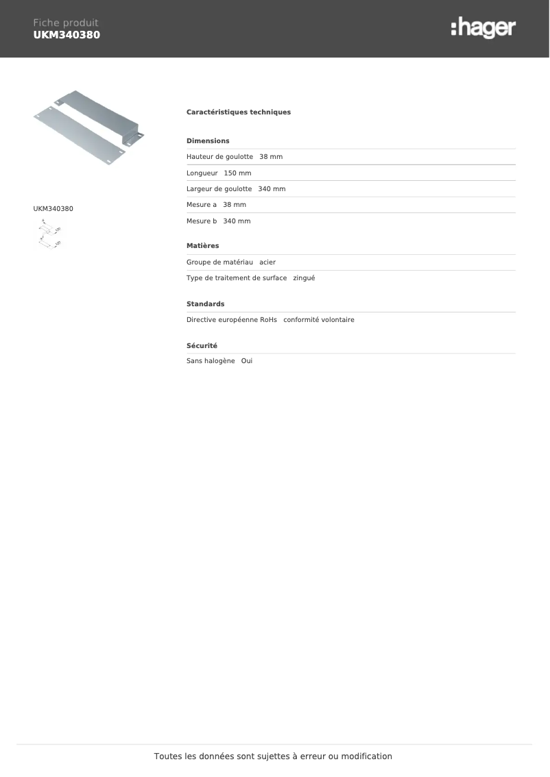 Page 1 of the manual Technical Sheet Hager UKM340380