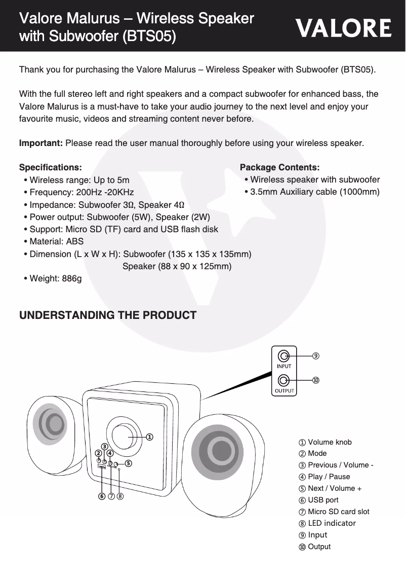Page 1 de la notice Manuel utilisateur Valore BTS05