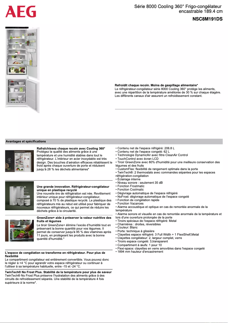 Page 1 de la notice Fiche technique AEG NSC8M191DS