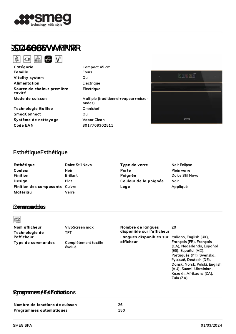 Page 1 de la notice Fiche technique Smeg SO4606WAPNR