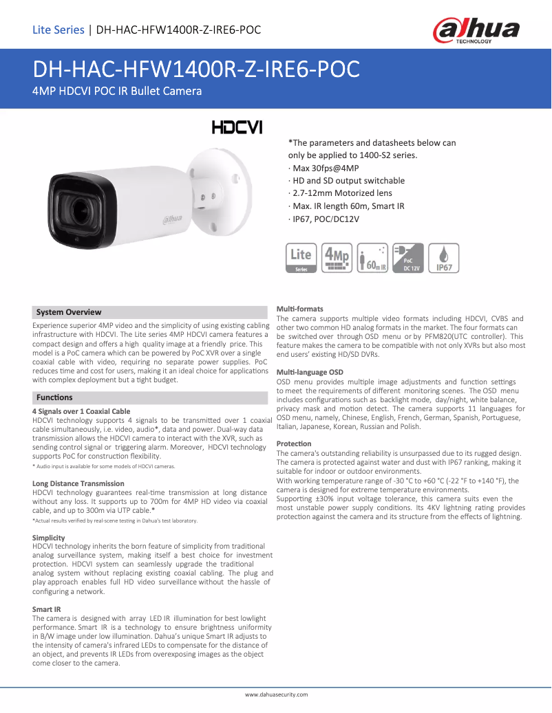 Page 1 de la notice Fiche technique Dahua Technology HAC-HFW1400R-Z-IRE6-POC