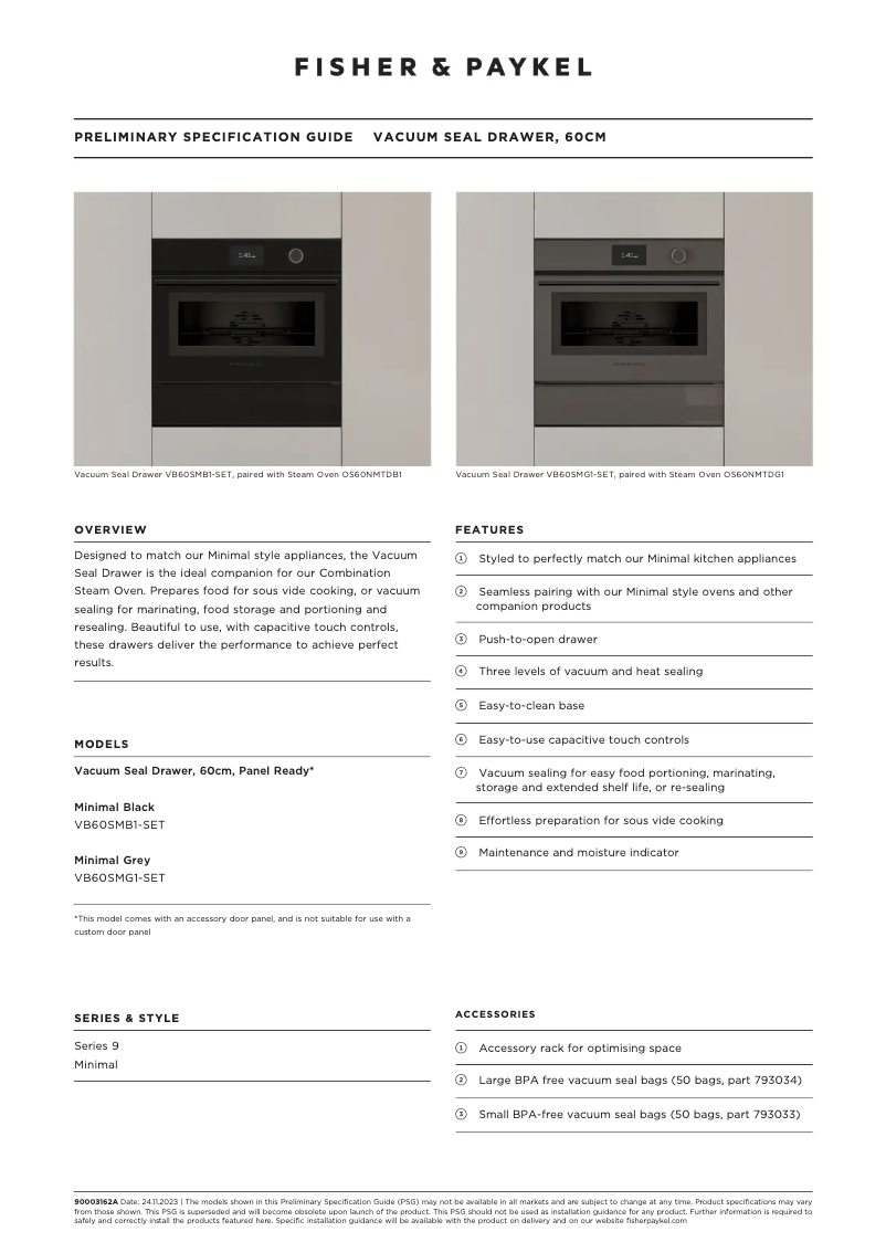 Página 1 del manual Ficha técnica Fisher & Paykel VB60SMG1-SET