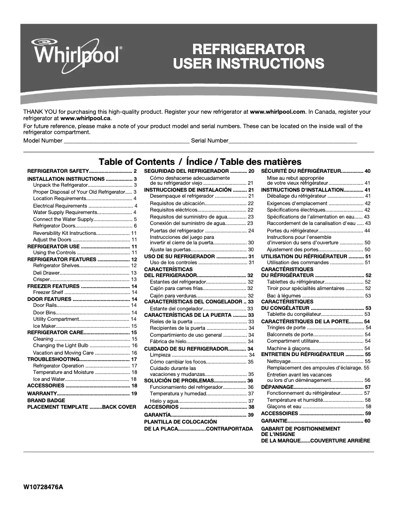 Page 1 de la notice Manuel d'utilisation et d'entretien Whirlpool WRT108FZD