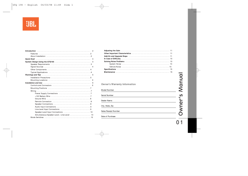 Page 1 de la notice Manuel utilisateur JBL GTQ190
