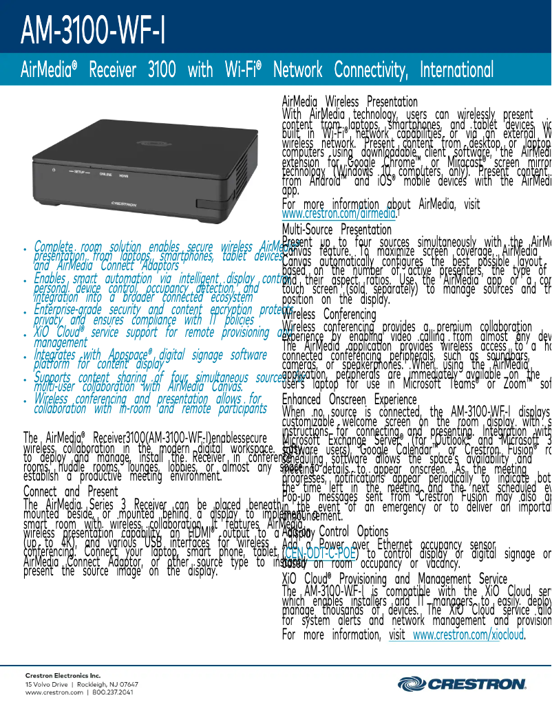 Page 1 of the manual Technical Sheet Crestron AM-3100-WF-I